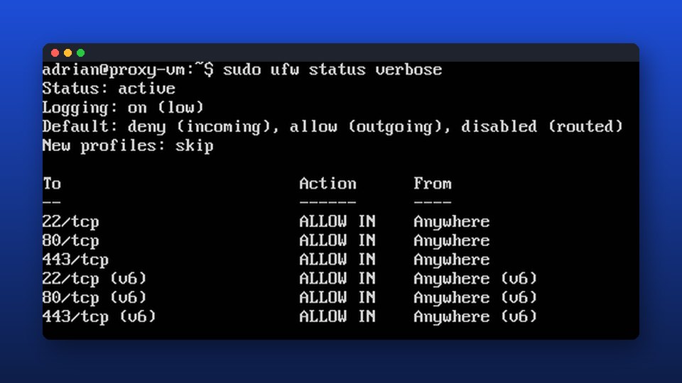 Estado del firewall UFW en la VM del proxy, que solo permite SSH, HTTP y HTTPS